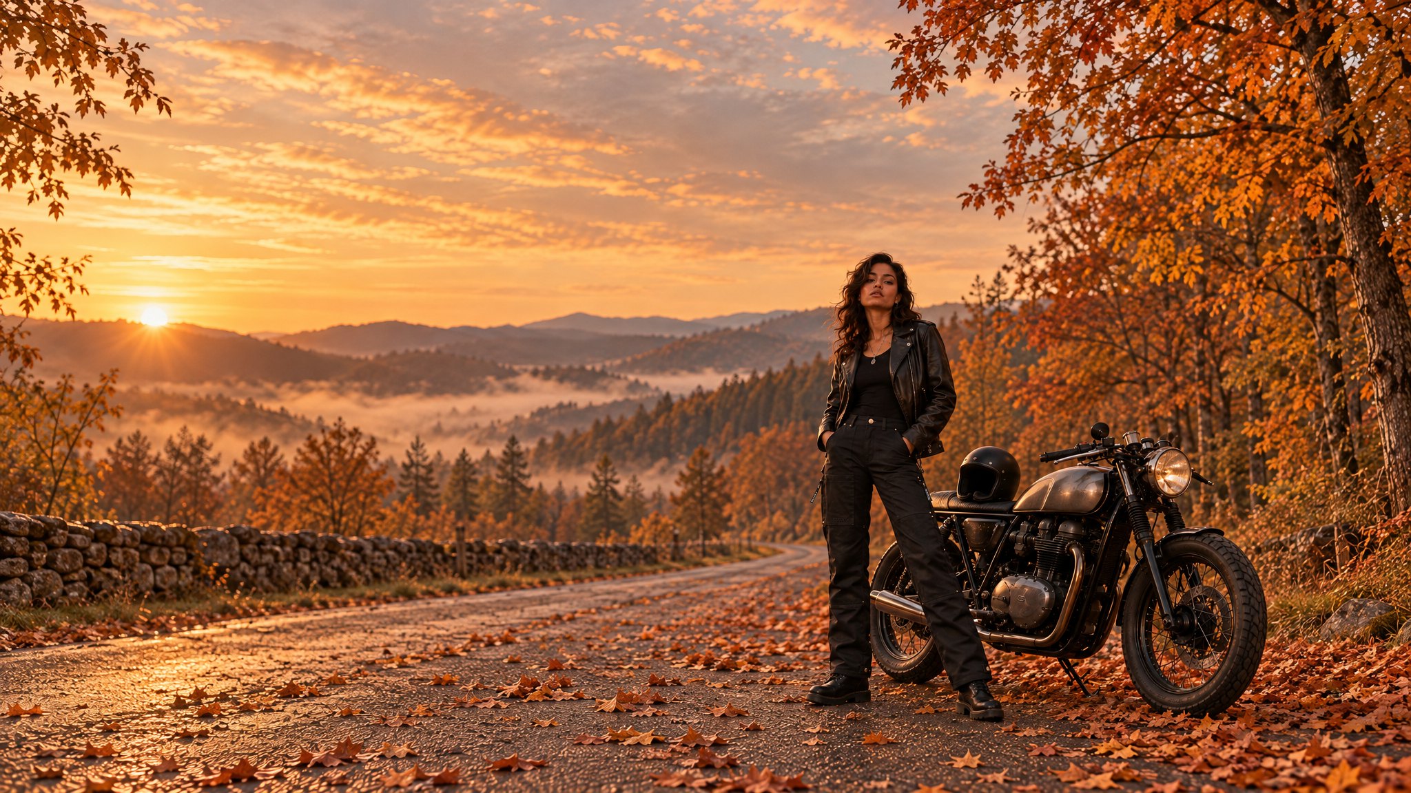 Motarde en pantalon moto Carpenter noir Eudoxie sur une route d’automne au coucher du soleil