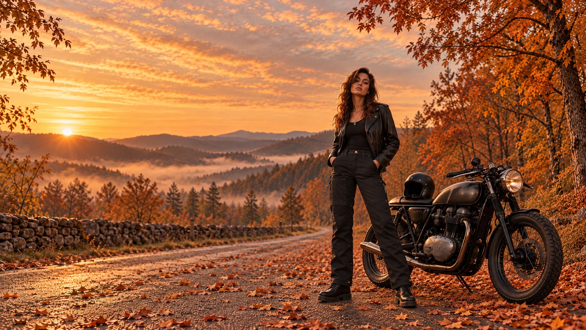 Motarde en pantalon moto Carpenter noir Eudoxie sur une route d’automne au coucher du soleil