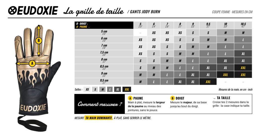 Grille de taille Gants Jody Burn Eudoxie