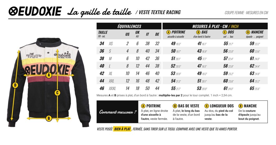 Grille de taille Veste textile Racing Eudoxie